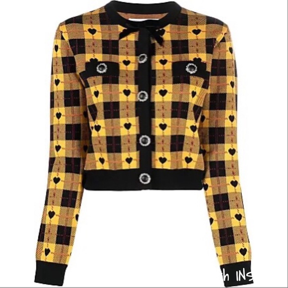 Alessandra Rich yellow heart knit checked cardigan - Picture 2 of 13